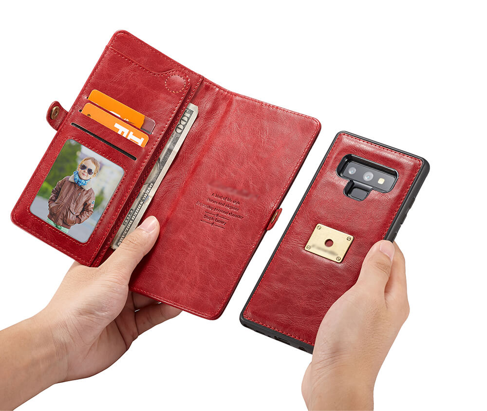 NOTE 9 DETACHABLE RETRO LEATHER WALLET CASE - BLACK#Colour_Red