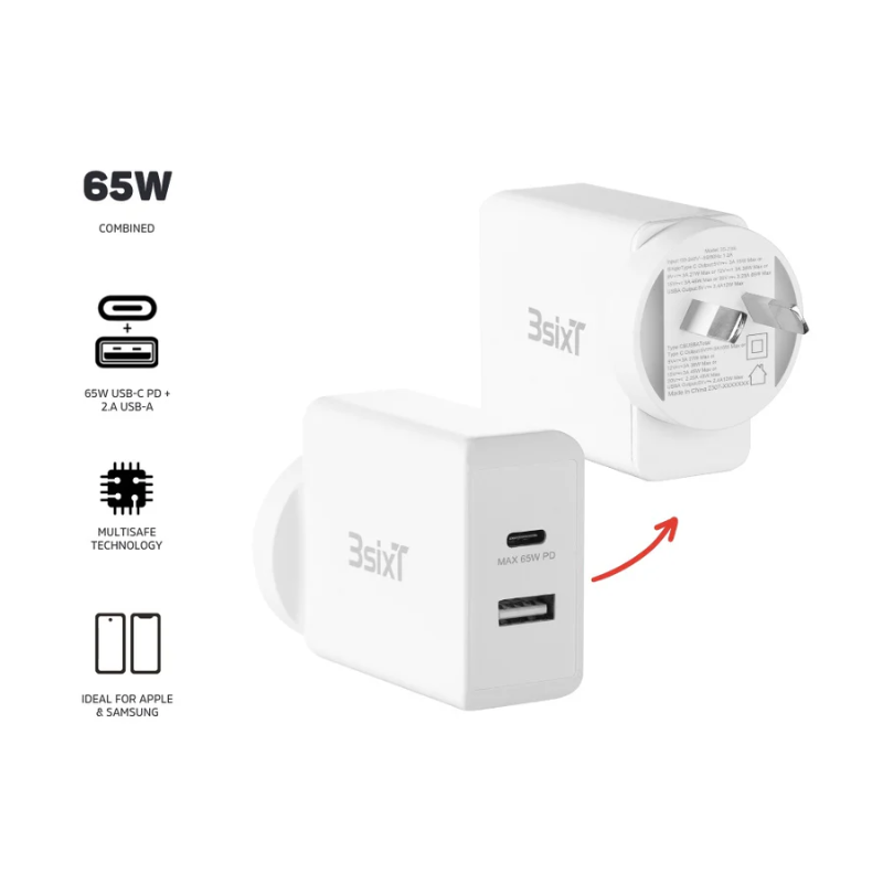 3Sixt Dual Type C & A 65W Wall Charger